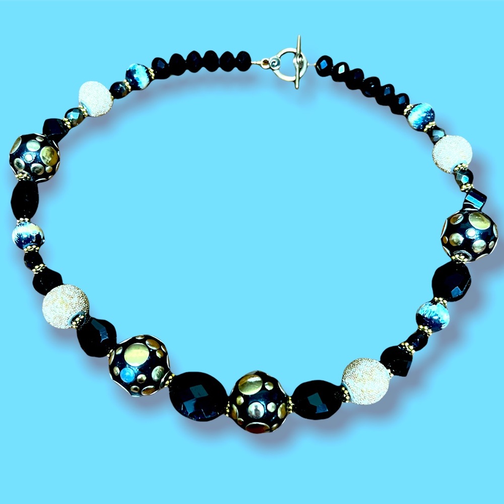 Gold tone black glass faceted  big beads woman necklace